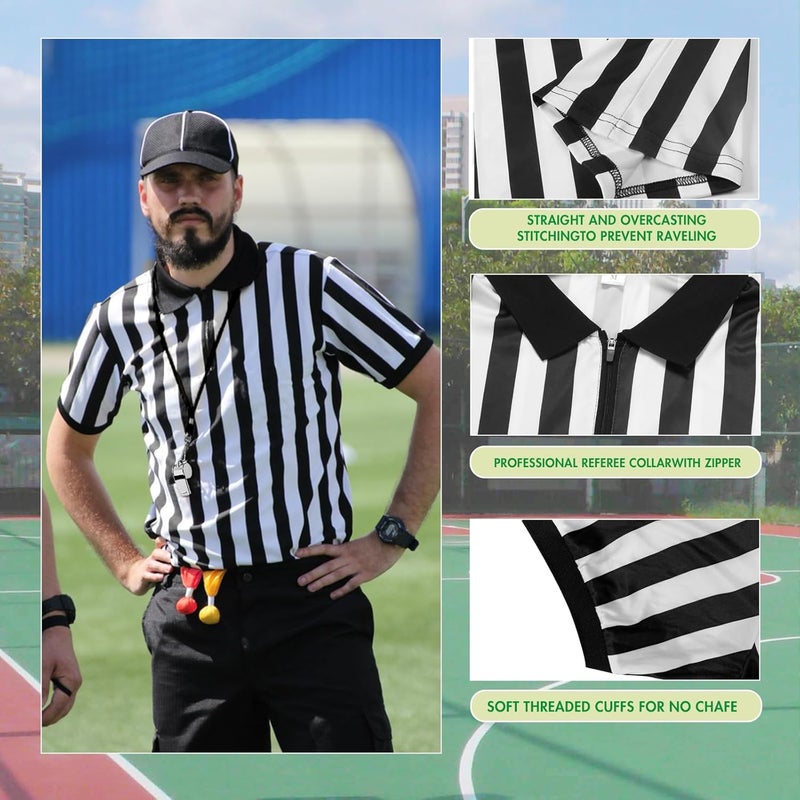 VKT 4 Pcs Men's Official Referee Costume Set Zipper Ref Shirt Stainless Whistle with Lanyard Red & Yellow Penalty Flag - Image 3